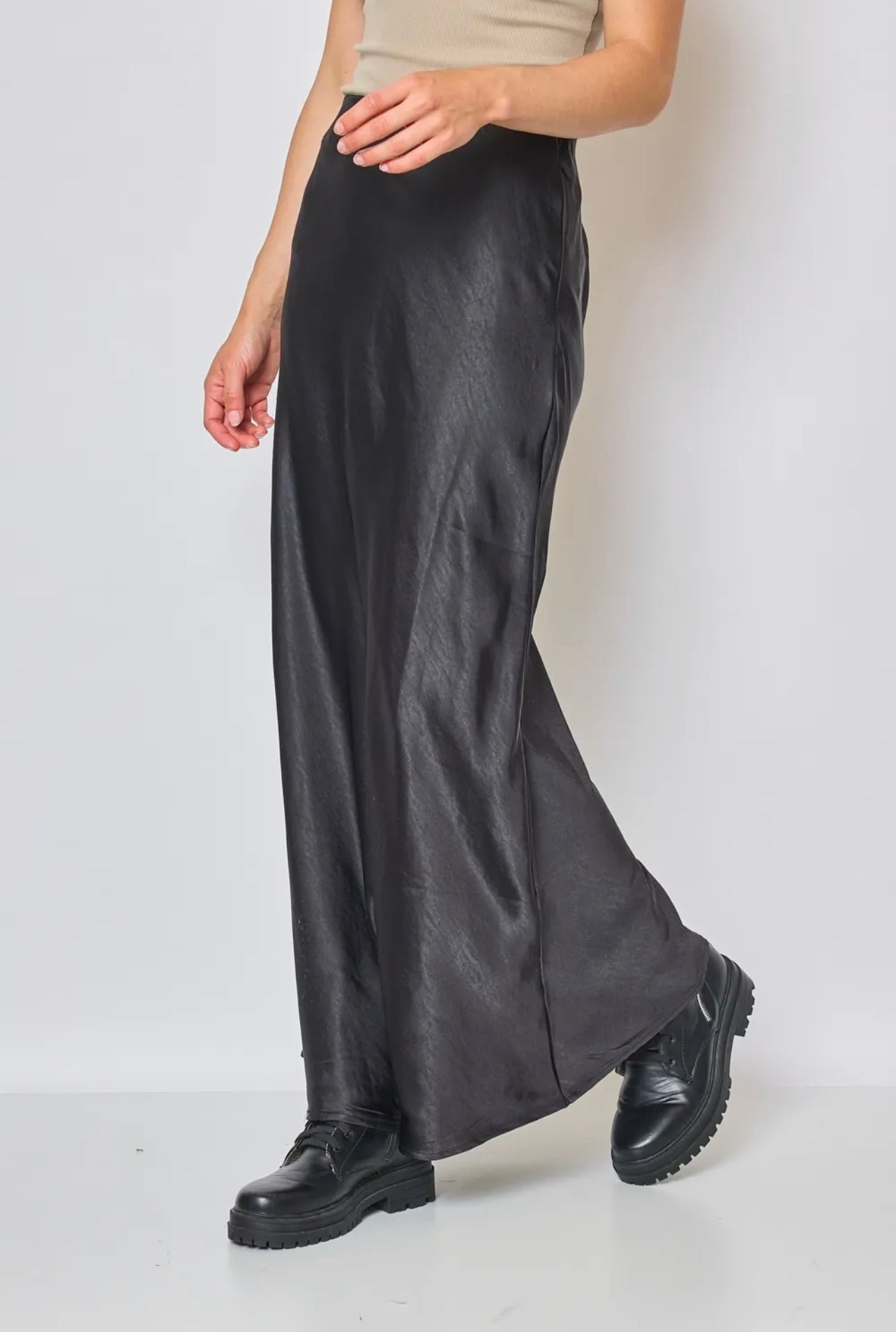 BLACK SATIN LONG SKIRT