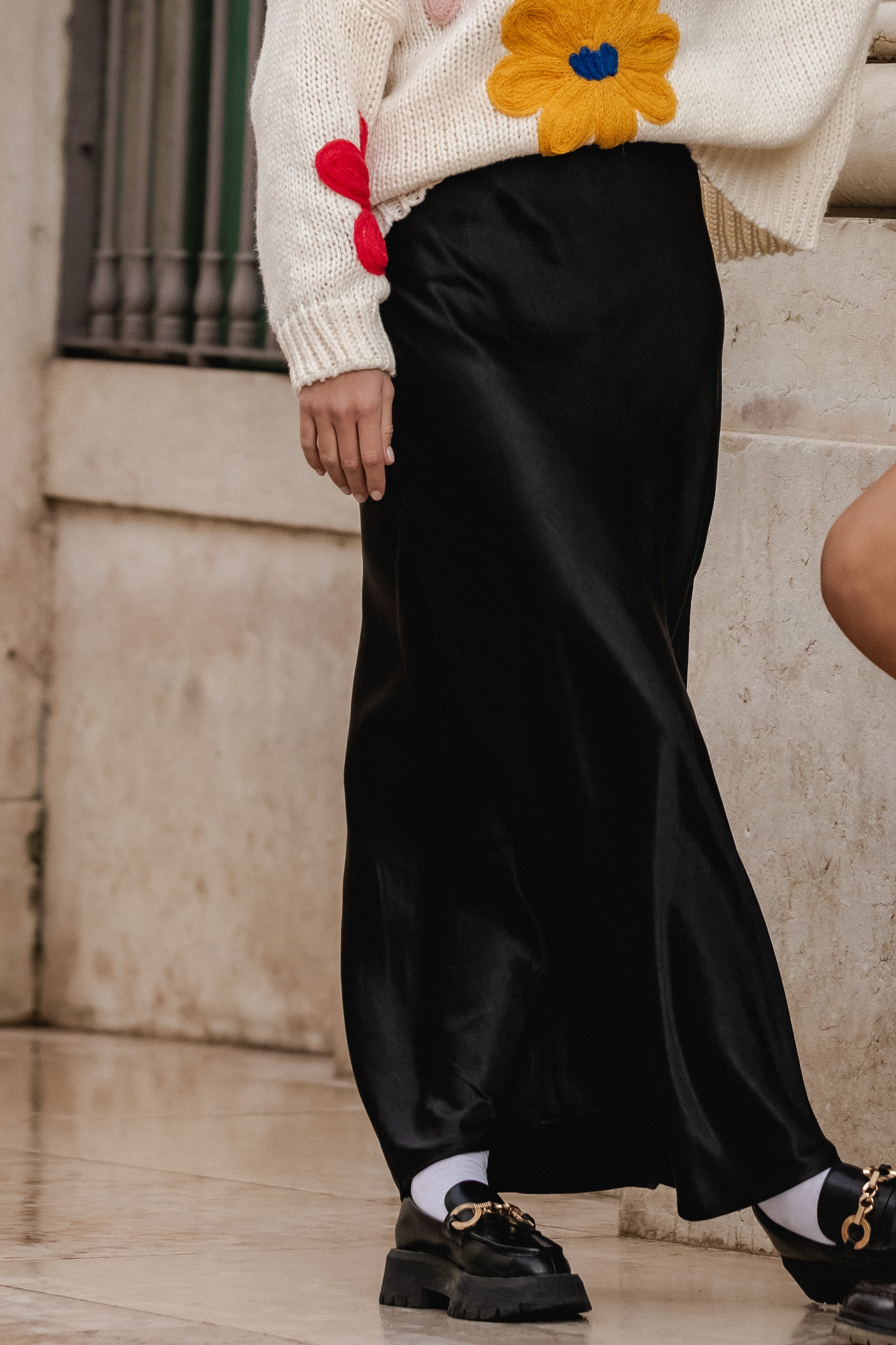 BLACK SATIN LONG SKIRT