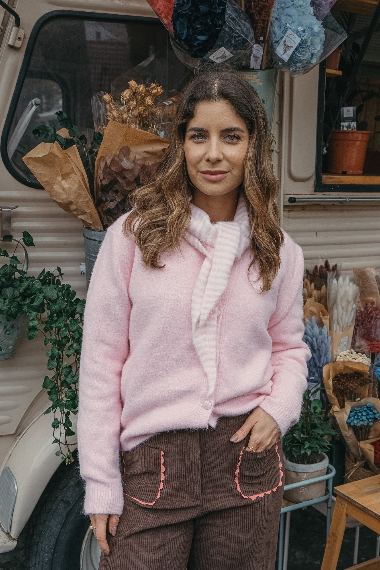 PINK KNIT CARDIGAN WITH SCARF