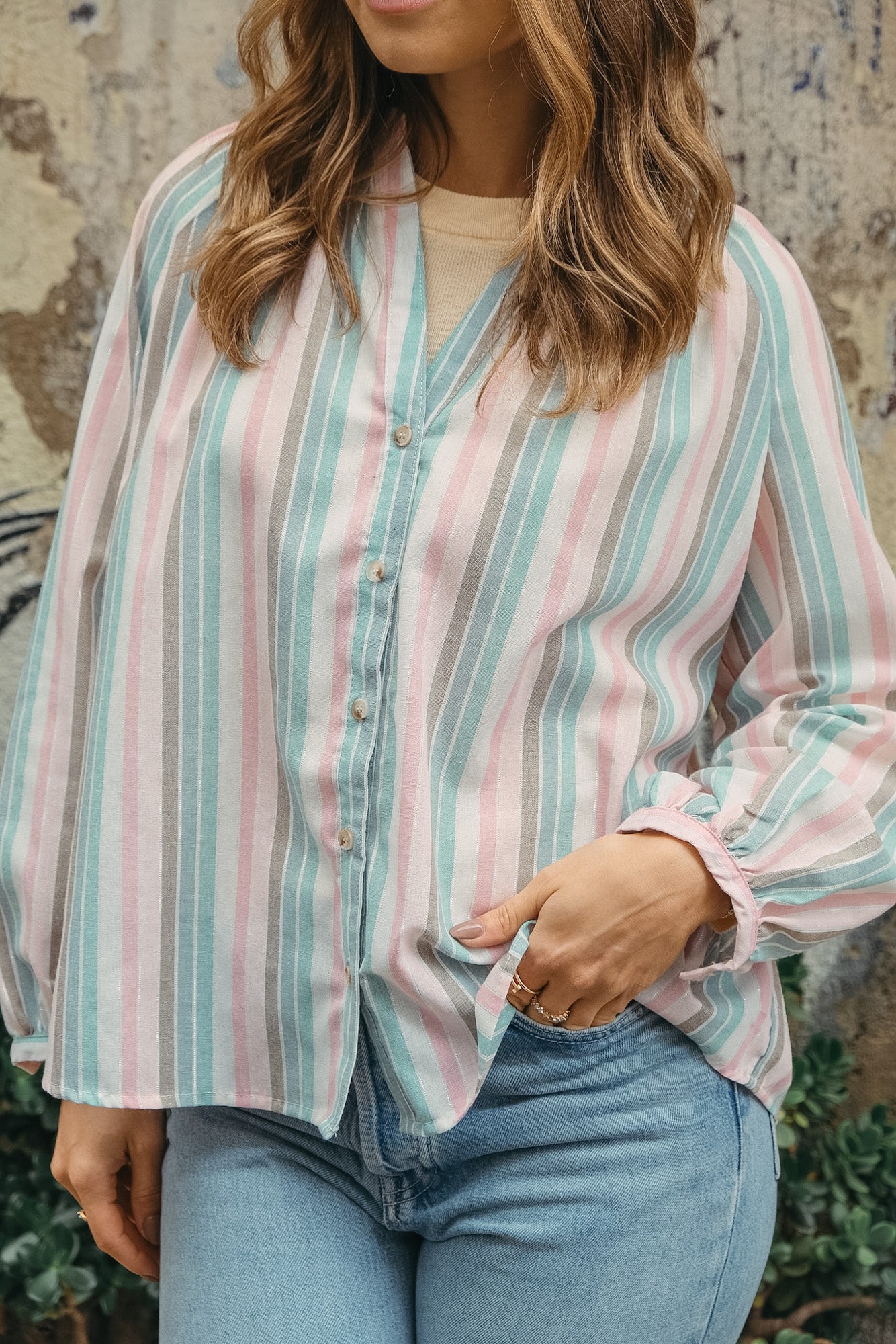GREEN AND PINK BLOUSE